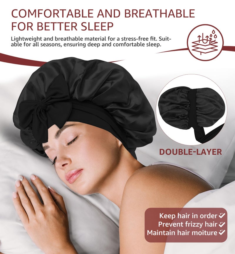 HiRui Silk Satin Bonnet for Sleeping Women, Double-Layer Sleep Cap Shower Cap with Adjustable Tie, Moisture Retaining Satin Lined Hair Bonnet for Curly and Natural Hair (Black, Large) - Image 3